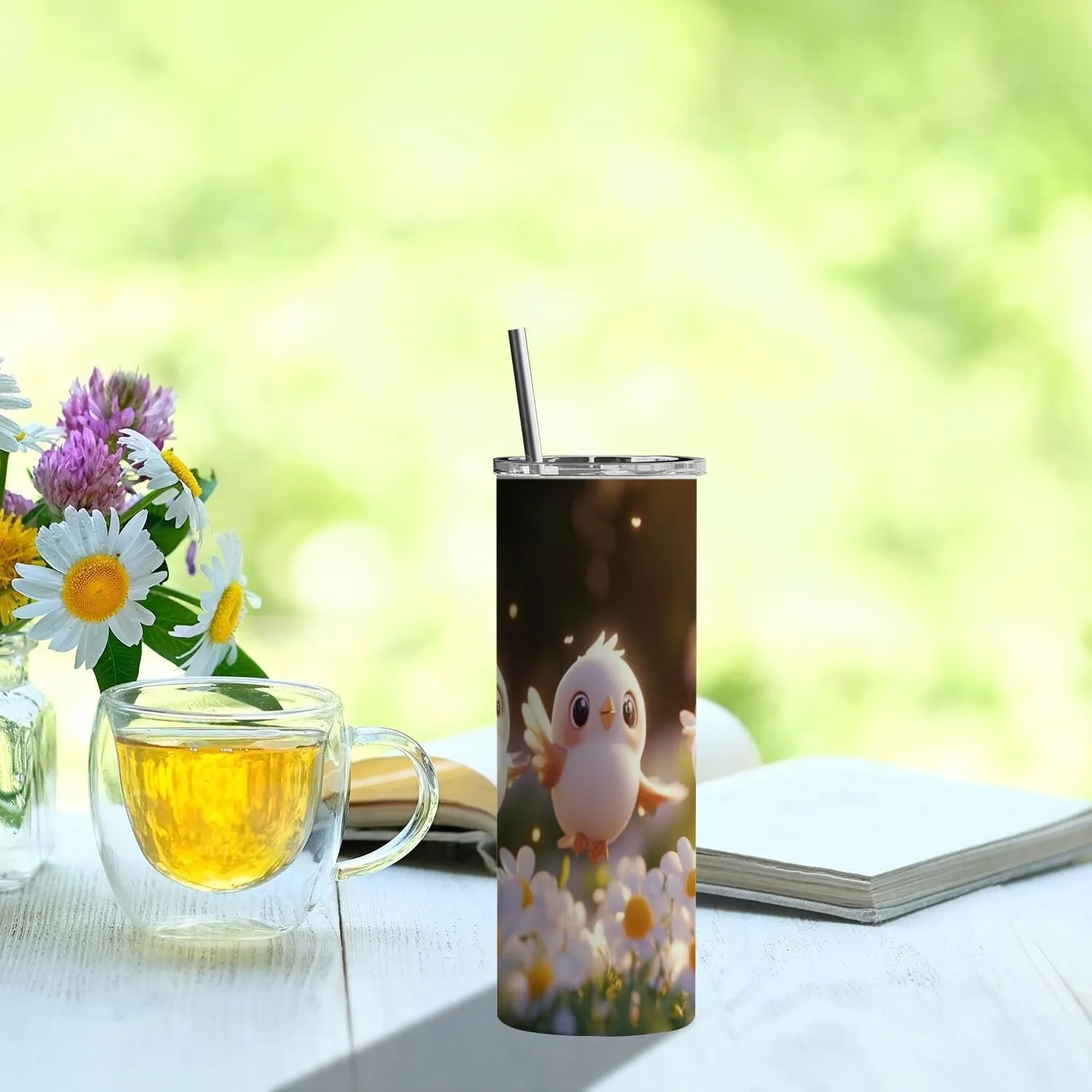 Tumbler with Lid and Straw Cartoon Pink Bird Print thermos coffee travel mugcute cups 20 oz insulated tumbler for Daily Holiday Decor Gift coffee cup