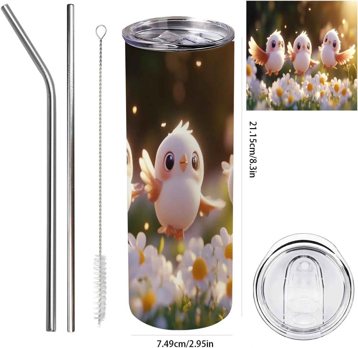Tumbler with Lid and Straw Cartoon Pink Bird Print thermos coffee travel mugcute cups 20 oz insulated tumbler for Daily Holiday Decor Gift coffee cup