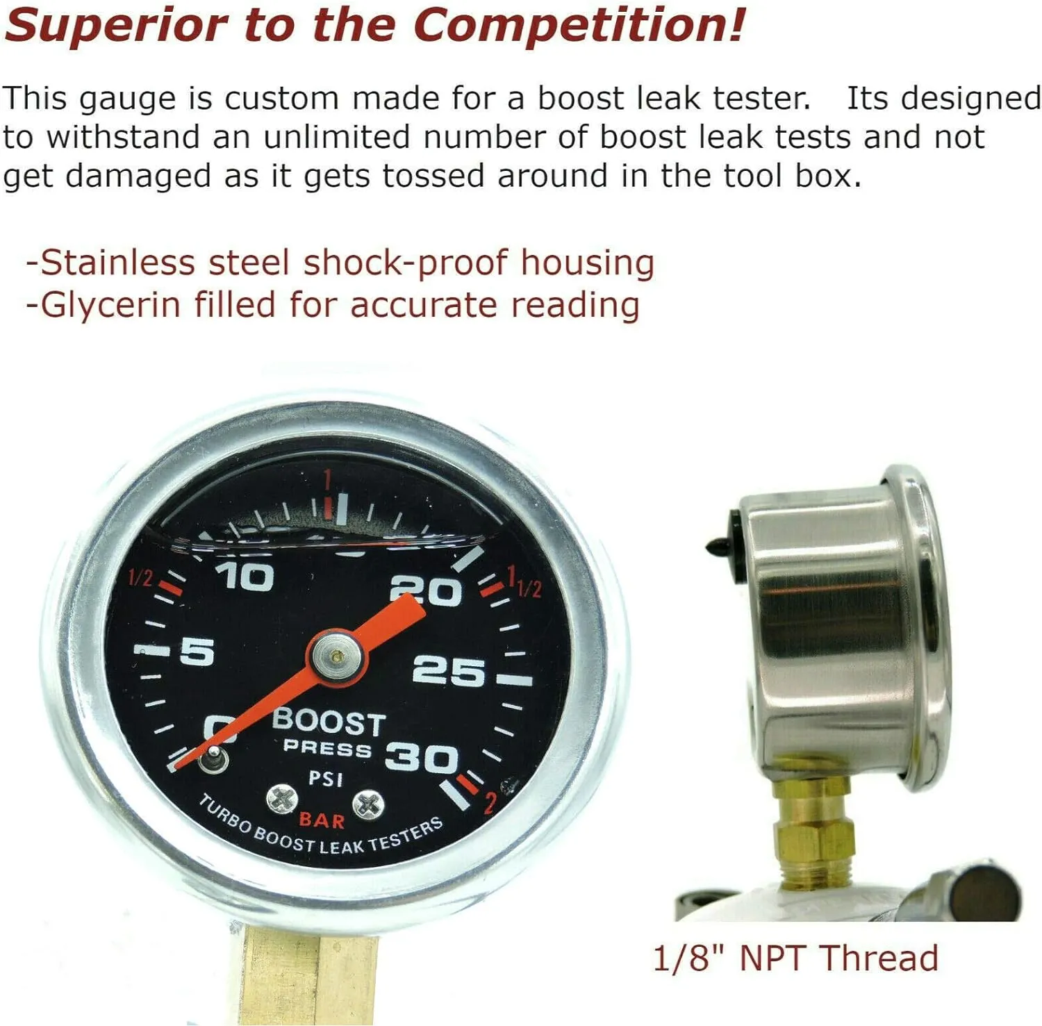 Turbo Boost Leak Testers 5" Universal - 6061 Billet Aluminum - Shock Proof Gauge - Premium