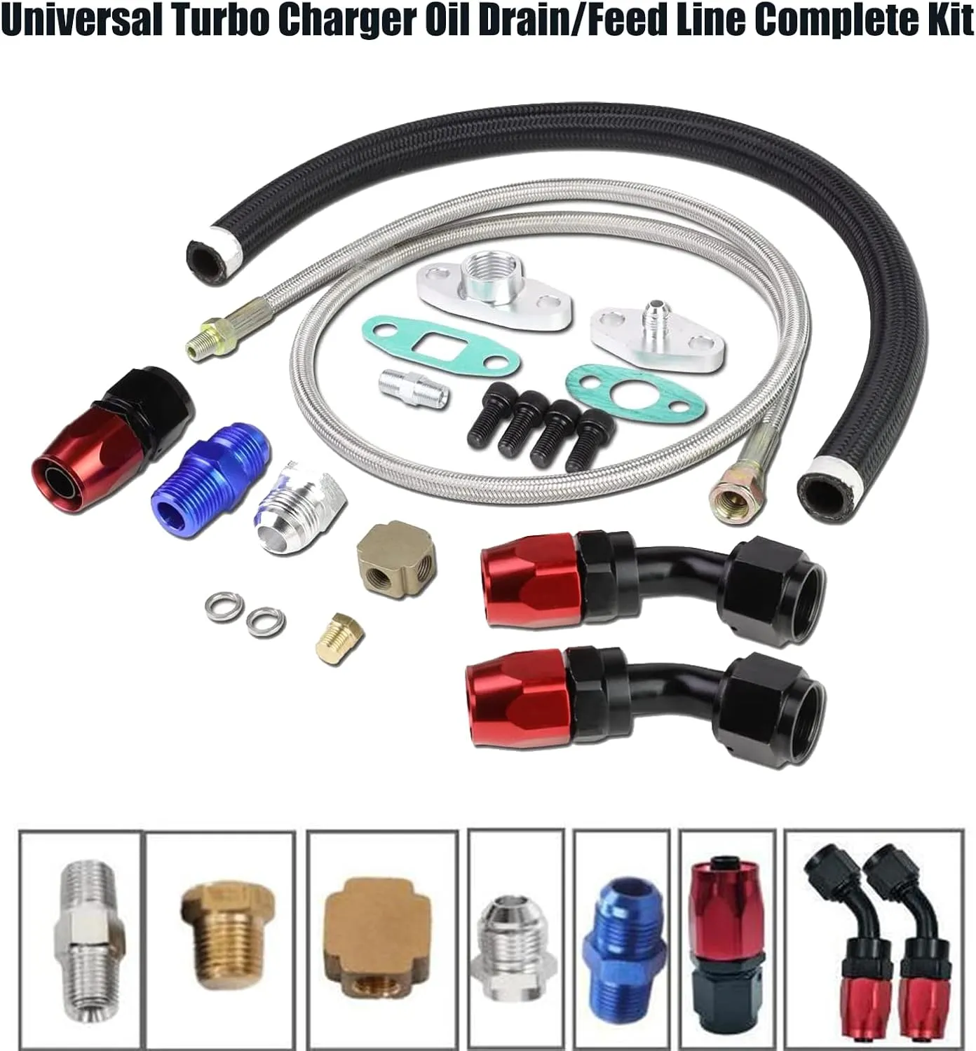 Turbo Oil Feed Line Oil Drain Return Line Complete Kit for T3 T4 T3/T4 T70 T66 Silver Tubing&Red/Blue Connectors Kit Universal