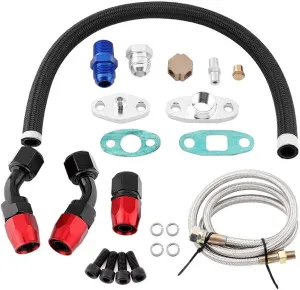 Turbo Oil Feed Line Oil Drain Return Line Complete Kit for T3 T4 T3/T4 T70 T66 Silver Tubing&Red/Blue Connectors Kit Universal