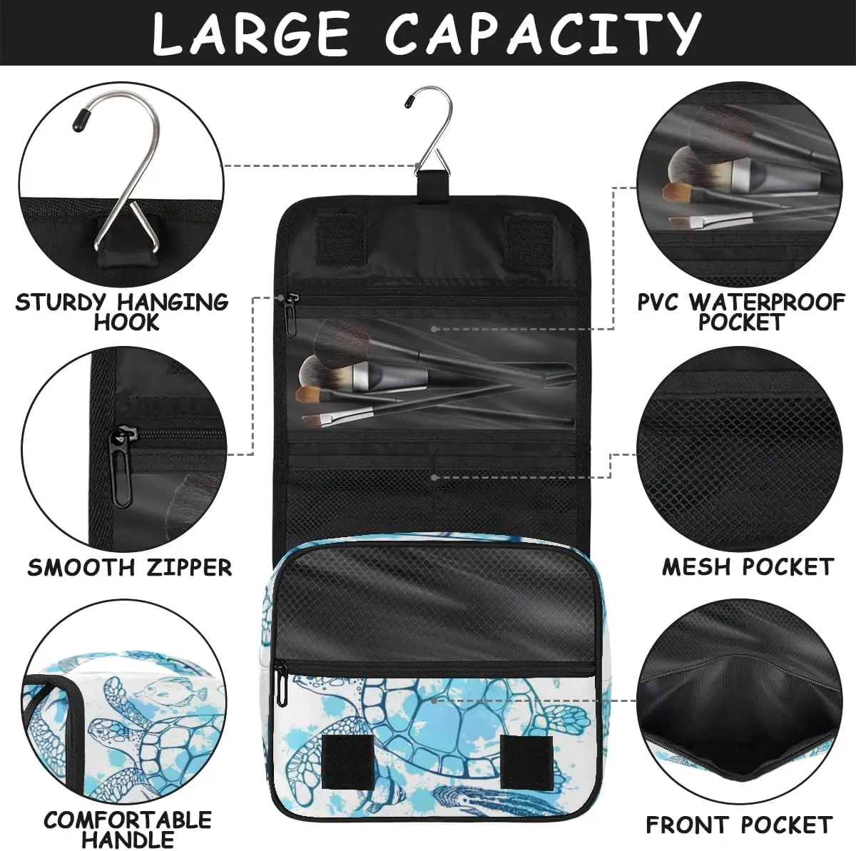 Turtle Hanging Travel Toiletry Bag for Kids, Women Cosmetic Organizer Makeup Bag Pouch Men Shaving Dopp Kit Shower Bag With Sturdy Hook