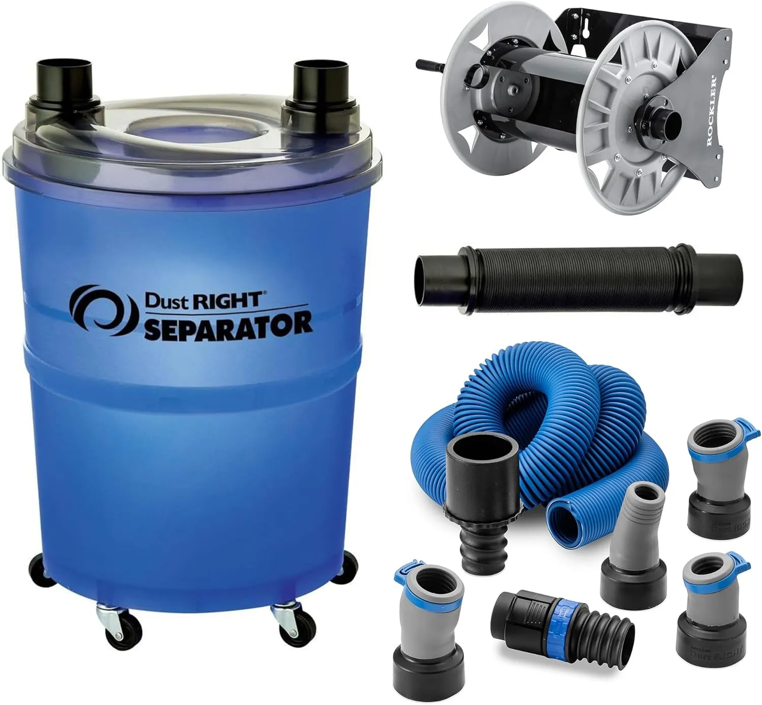 Ultimate Dust Collection Kit: Cyclone Dust Separator with 36'' Flex-Form Hose and 10-Gallon Bucket, 40' Shop Vacuum Hose Reel FlexiPort Power Tool Hose Kit with Click-Connect (3'-12')
