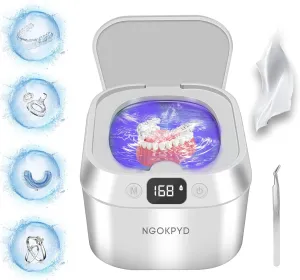 Ultrasonic Retainer Cleaner for Denture - 48kHz/24W Professional UV Sonic Dental Cleaning Machine 220ML for Aligner Mouth Guards Braces Toothbrush Jewelry Ring Parts, White