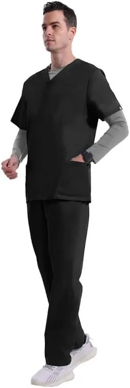 Uniforms World Elvis Scrubs Set for Men — Classic V-Neck Stretch Top & Straight Pants, Elastic Waistband, 7 Pockets