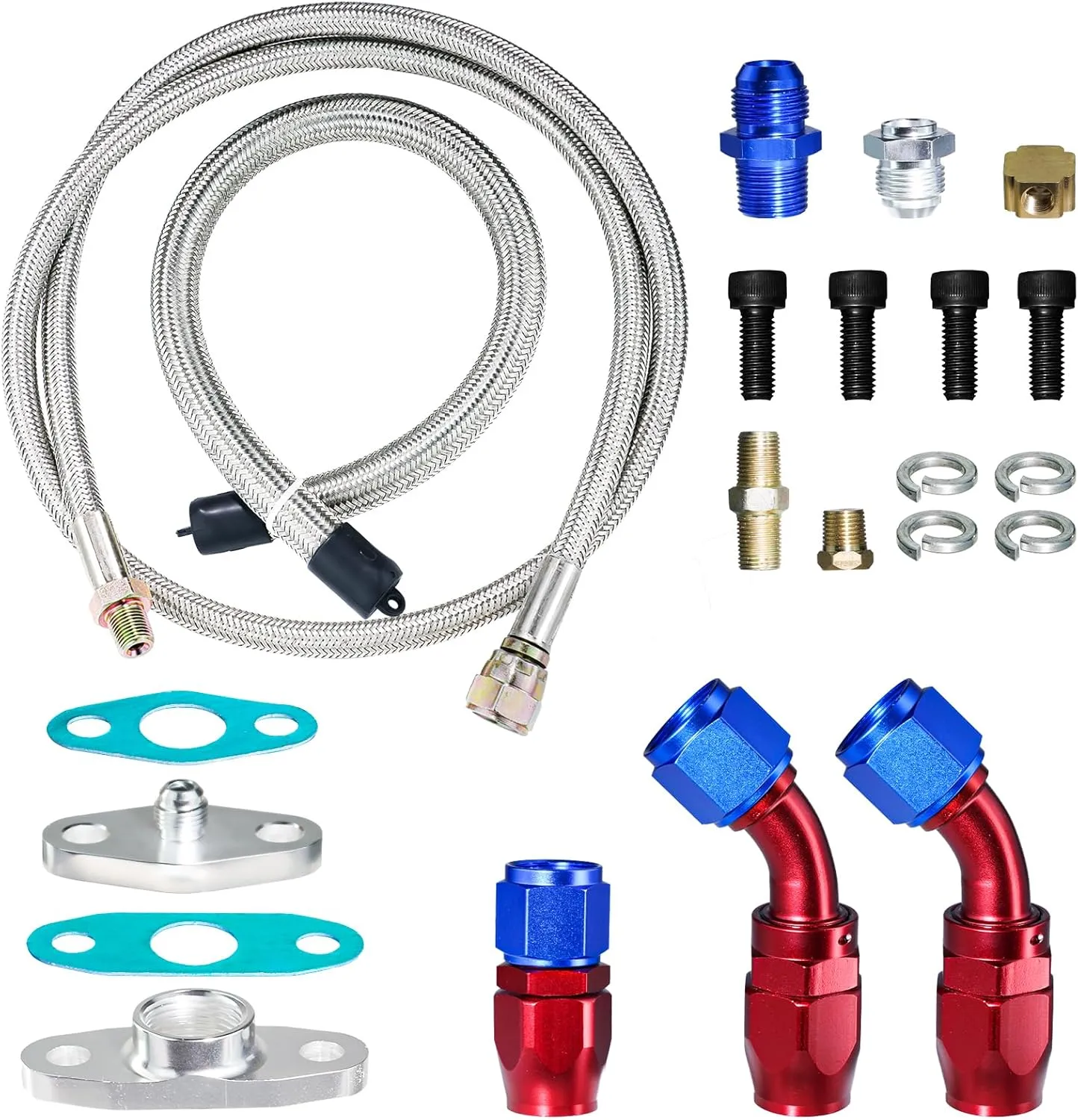 Universal Turbo Charger Oil Feed Line Return Line Drain Pipe Complete Kit - Compatible with T3 T4 T3/T4 T70 T66 T04E, Silver