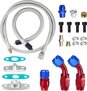 Universal Turbo Charger Oil Feed Line Return Line Drain Pipe Complete Kit - Compatible with T3 T4 T3/T4 T70 T66 T04E, Silver