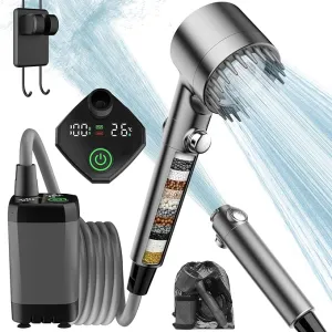 Upgrade Portable Camping Shower, 6000mAh Rechargeable Electric Shower Pump with 18 Stage Filtered Shower Head, Smart Digital Display, Outdoor Camp Shower for Camping, Hiking, RV Travel