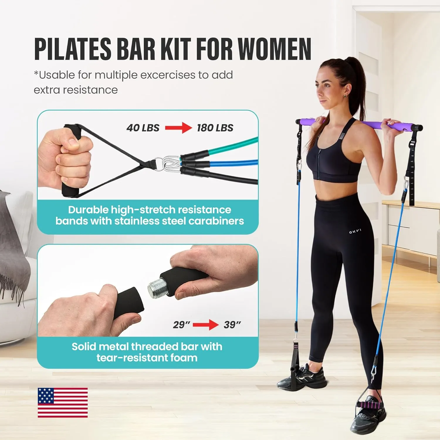Upgraded Pilates Bar Kit – 39” Adjustable Exercise Equipment for Men, Women with 6X 20, 30, 40 lbs Resistance Bands with Adjustment Buckle – Pilates Equipment for Home Workouts for All Fitness Levels