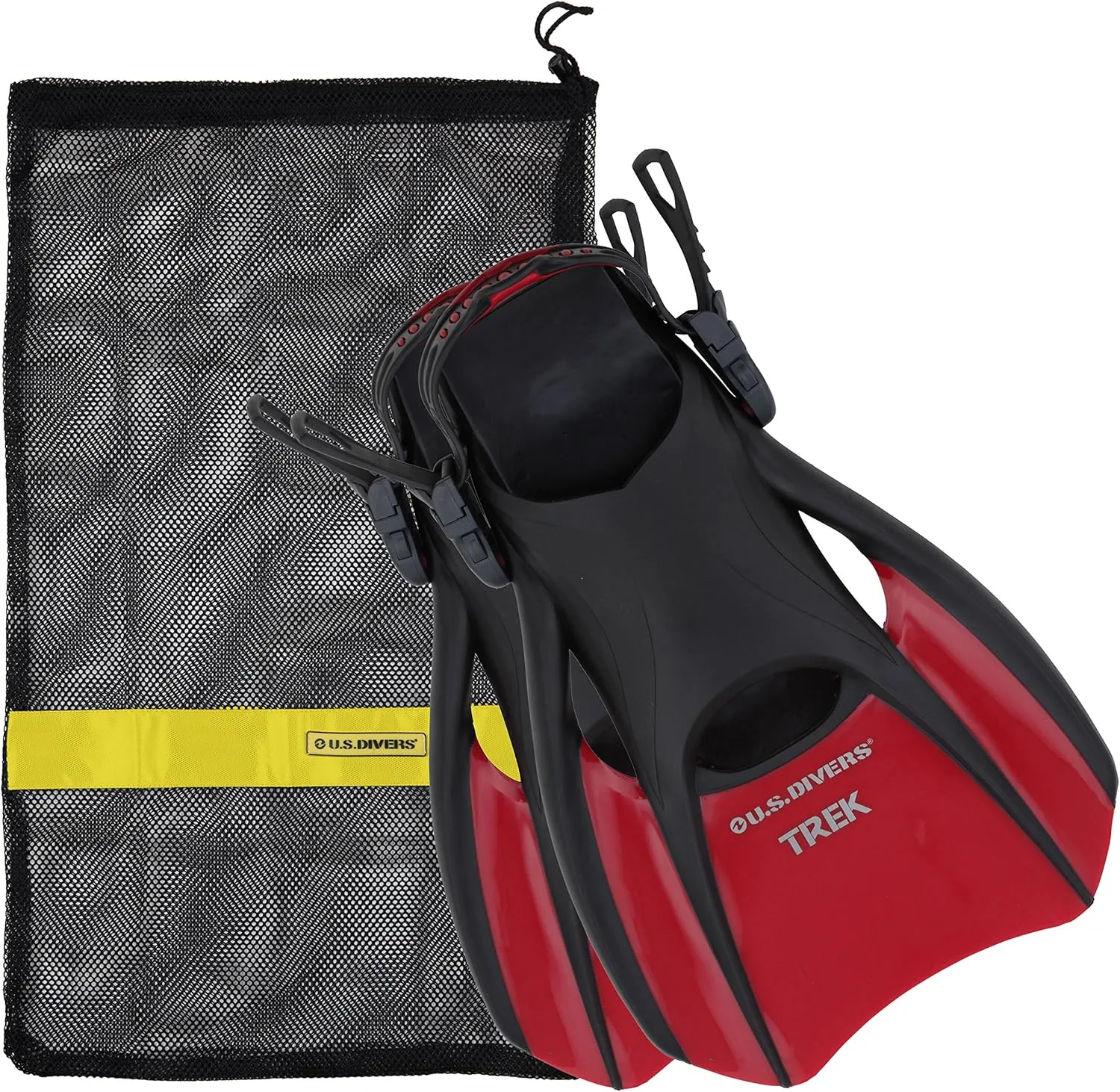 U.S. Divers Trek Adult Snorkeling Travel Fins with Mesh Carrying Bag - Adjustable Open Heel, Compact Vented Short Blades, Portable Ultra Lightweight - Explorer Series | Unisex Adult