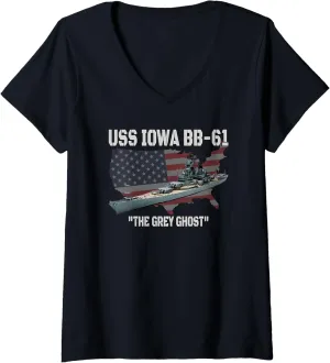 USS Iowa Battleship Veteran Warship BB-61 Front&Back V-Neck T-Shirt