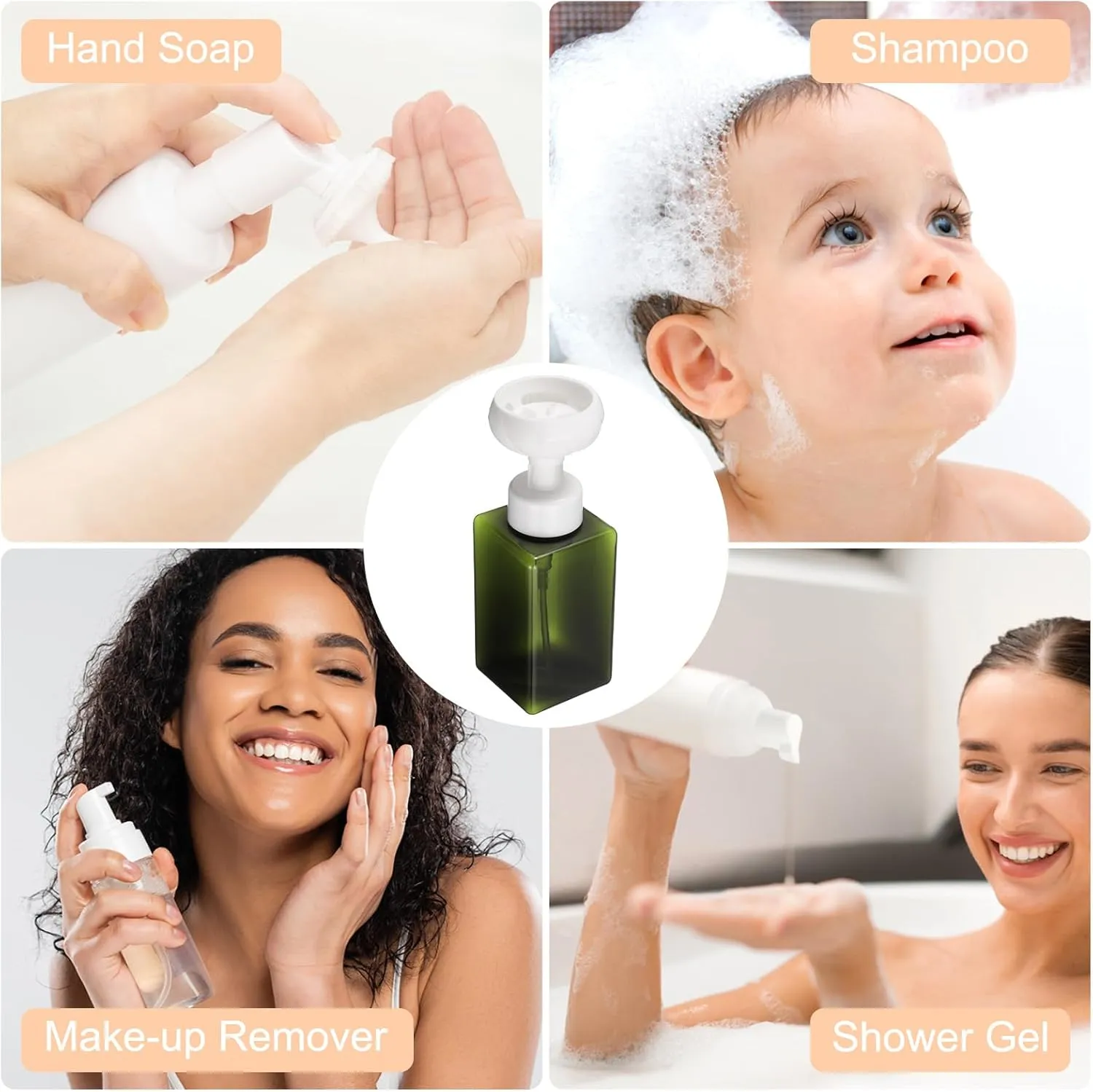 uxcell 2PCS Flower Empty Foam Pump Bottle, 450ml Travel Foam Soap Dispenser Empty Refillable Plastic Pump Bottle for Lash Shampoo, Hand Soap, Facial Lotion(8" Deep Green)