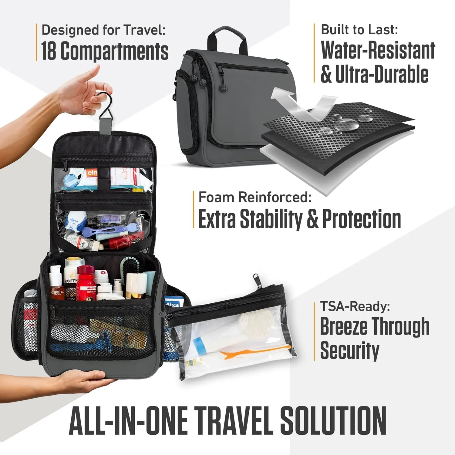 VENTURE 4TH Hanging Travel Toiletry Bag for Women & Men - Travel Organizer with Expandable Compartments & Removable Clear Pouch for Toiletries (Gray)
