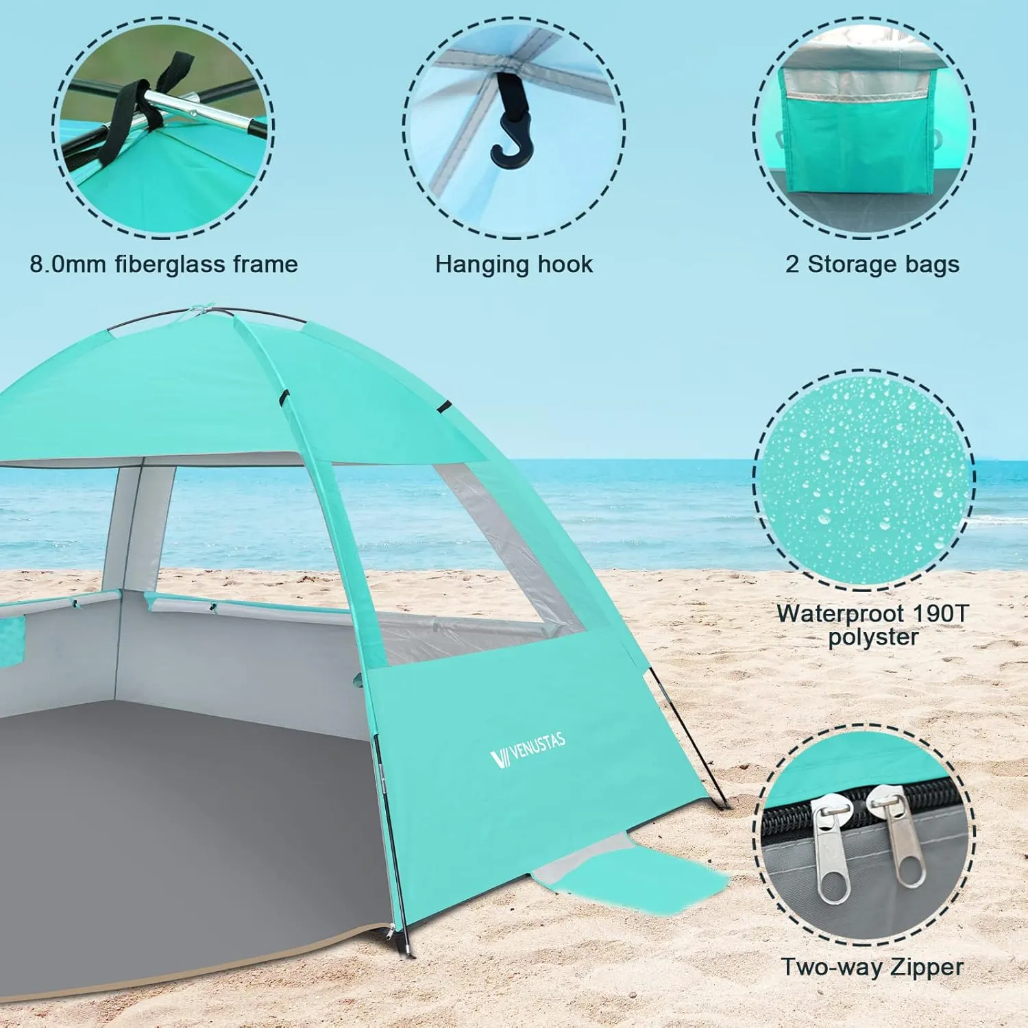Venustas Beach Tent Sun Shelter for 3-10 Person, UPF 50  UV Protection Canopy, Lightweight and Easy Setup Cabana, Portable Beach Shade