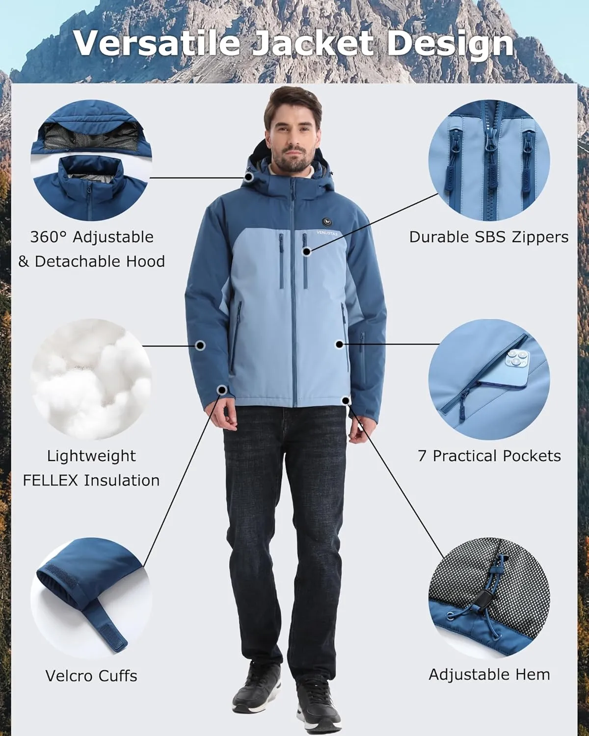 Venustas Heated Jacket for Men, Softshell Electric Heating Utility Coat with 12V Battery, MaxHeat 140°F
