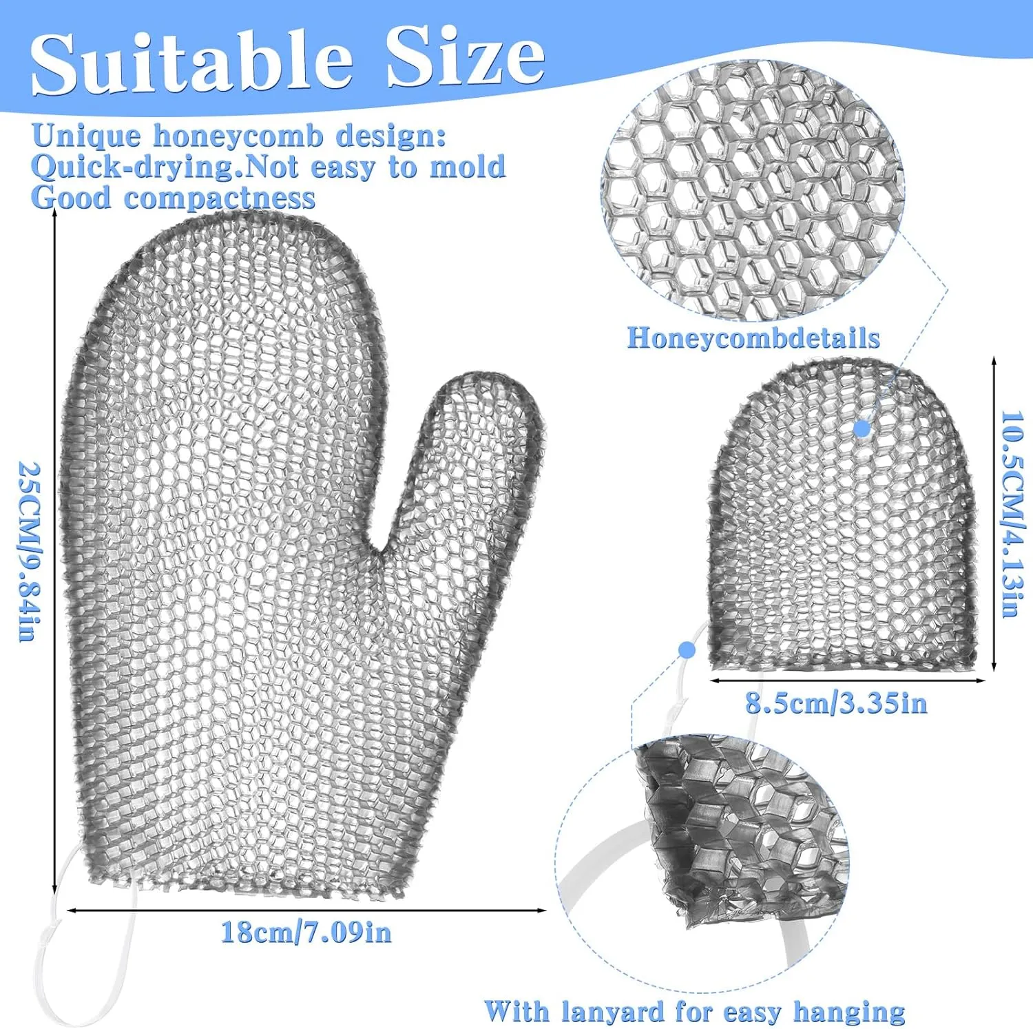 Vesici 2 Pcs Honeycomb Exfoliating Glove Set Exfoliating Bath Mitt Honeycomb Face and Body Scrubber Shower Mitt Sponges for Cleaning Body Shower Face Skin Beauty Spa(Gray)