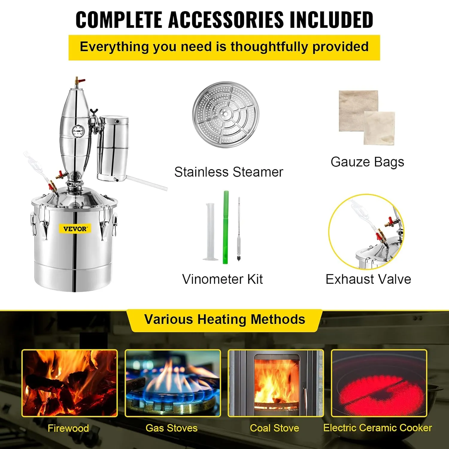 VEVOR Alcohol Still 18.5Gal/70L Alcohol Distiller with Ceramic Balls for Purer Wine Distillery Kit for Alcohol with Brewing Kit for DIY Whisky Wine Brandy