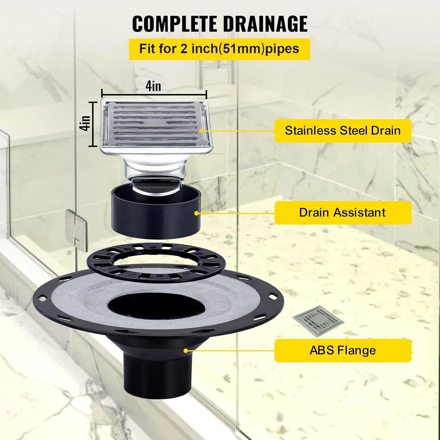 VEVOR Shower Curb Kit, 38"x60" Watertight Shower Curb Overlay with 4" ABS Offset Bonding Flange, 4" Stainless Steel Grate, 2 Cuttable Shower Curb and Trowel, Shower Pan Slope Sticks Fit for Bathroom
