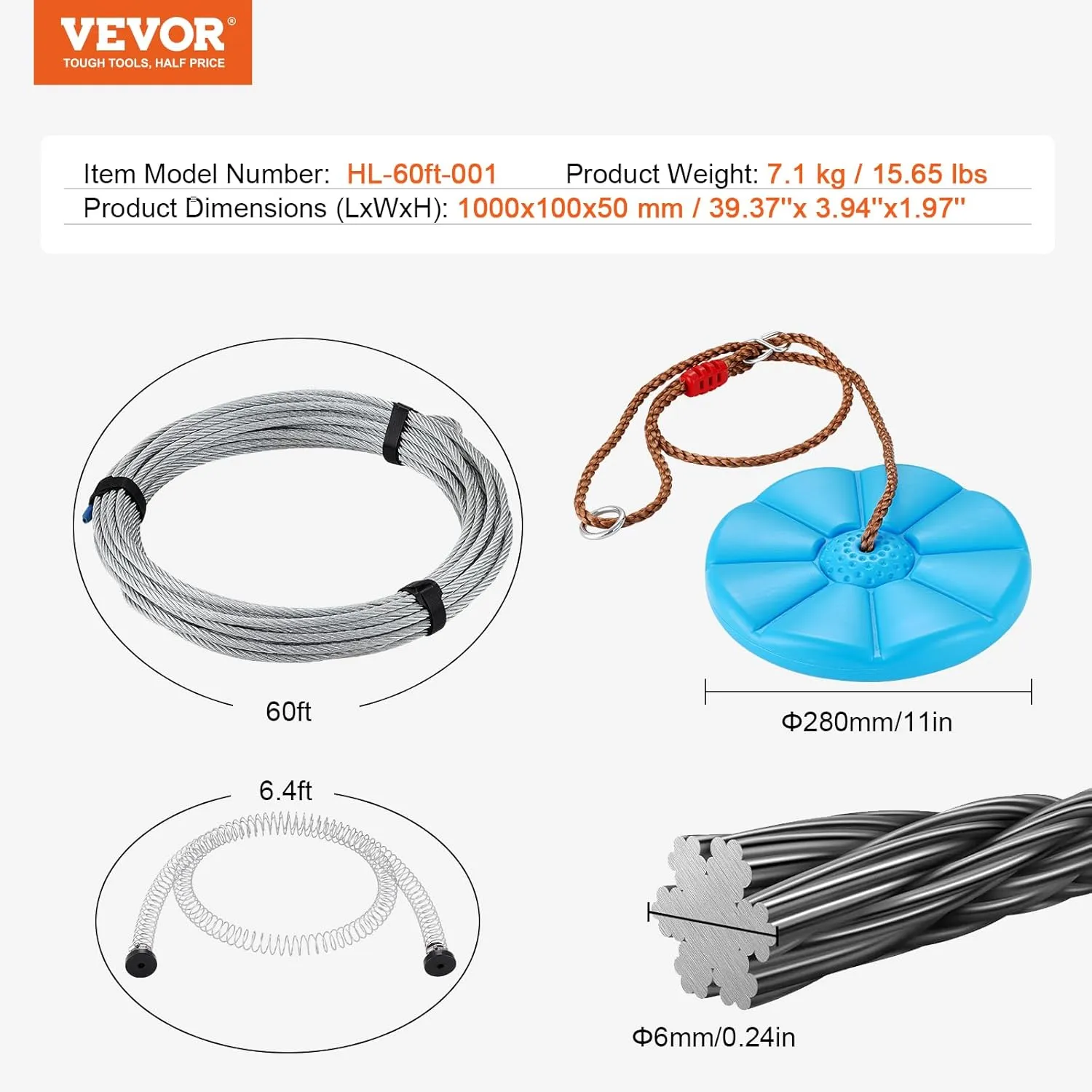 VEVOR Zip line Kits for Backyard，60ft Zip line Kit for Kids and Adult Up to 330 lb, Included Swing Seat, Ziplines Brake, and Steel Trolley, Outdoor Playground Equipment