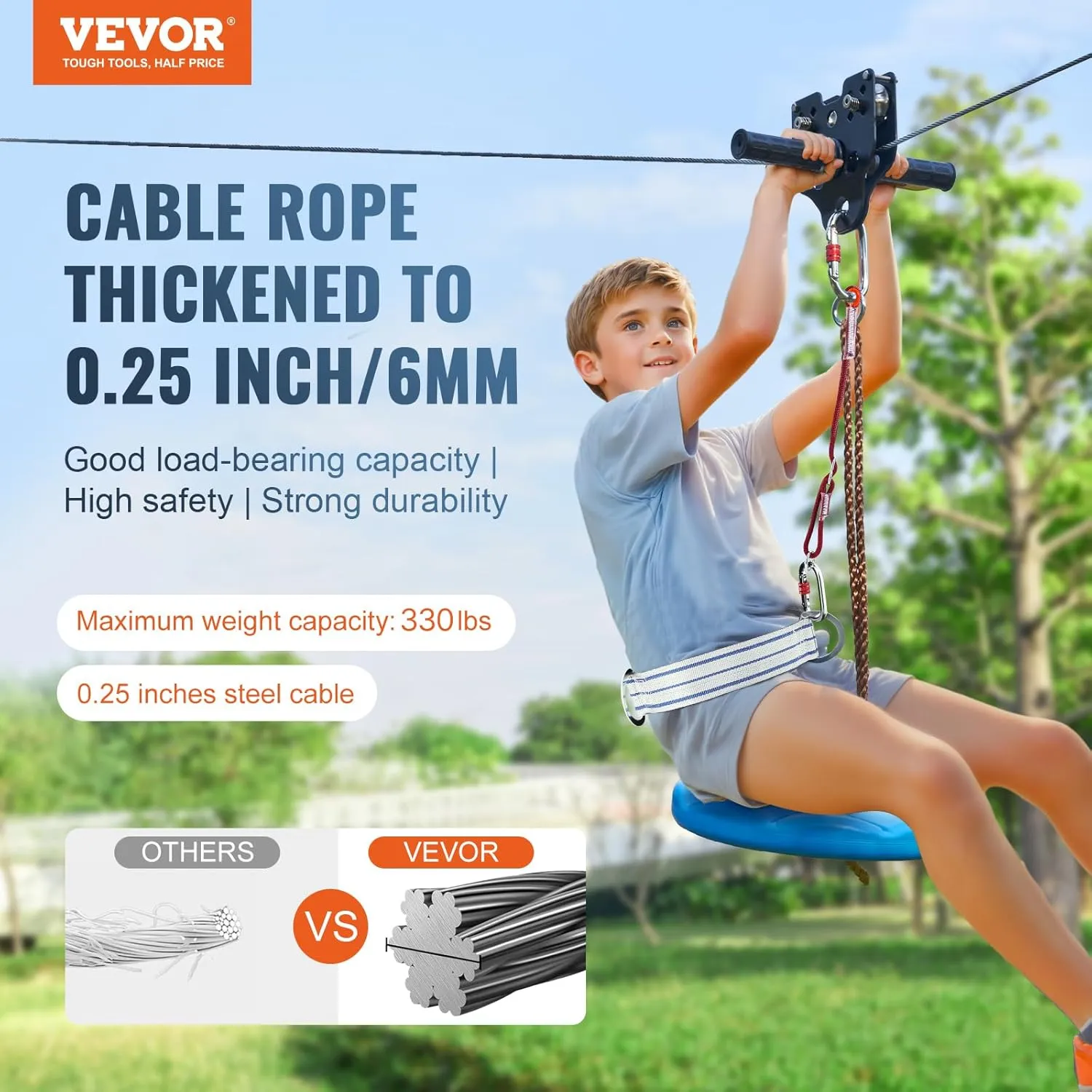 VEVOR Zip line Kits for Backyard，60ft Zip line Kit for Kids and Adult Up to 330 lb, Included Swing Seat, Ziplines Brake, and Steel Trolley, Outdoor Playground Equipment