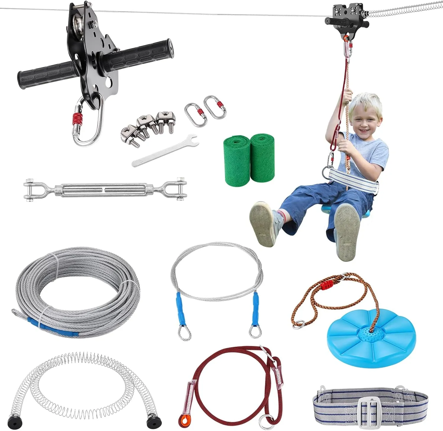 VEVOR Zip line Kits for Backyard，60ft Zip line Kit for Kids and Adult Up to 330 lb, Included Swing Seat, Ziplines Brake, and Steel Trolley, Outdoor Playground Equipment