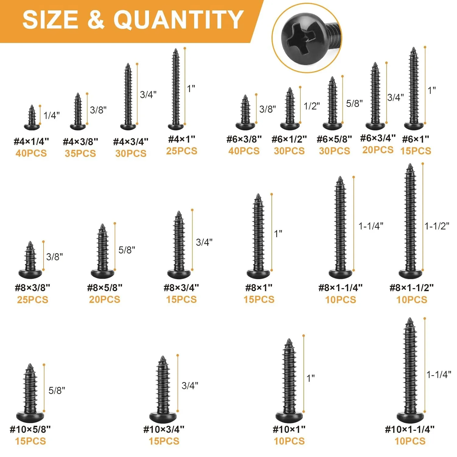 VIGRUE 410Pcs Stainless Steel Black Wood Screws Set #4#6#8#10 Phillips Pan Head Sheet Metal Screws Self Tapping Wood Screws Assortment Kit, Length 1/4" to 1-1/2"