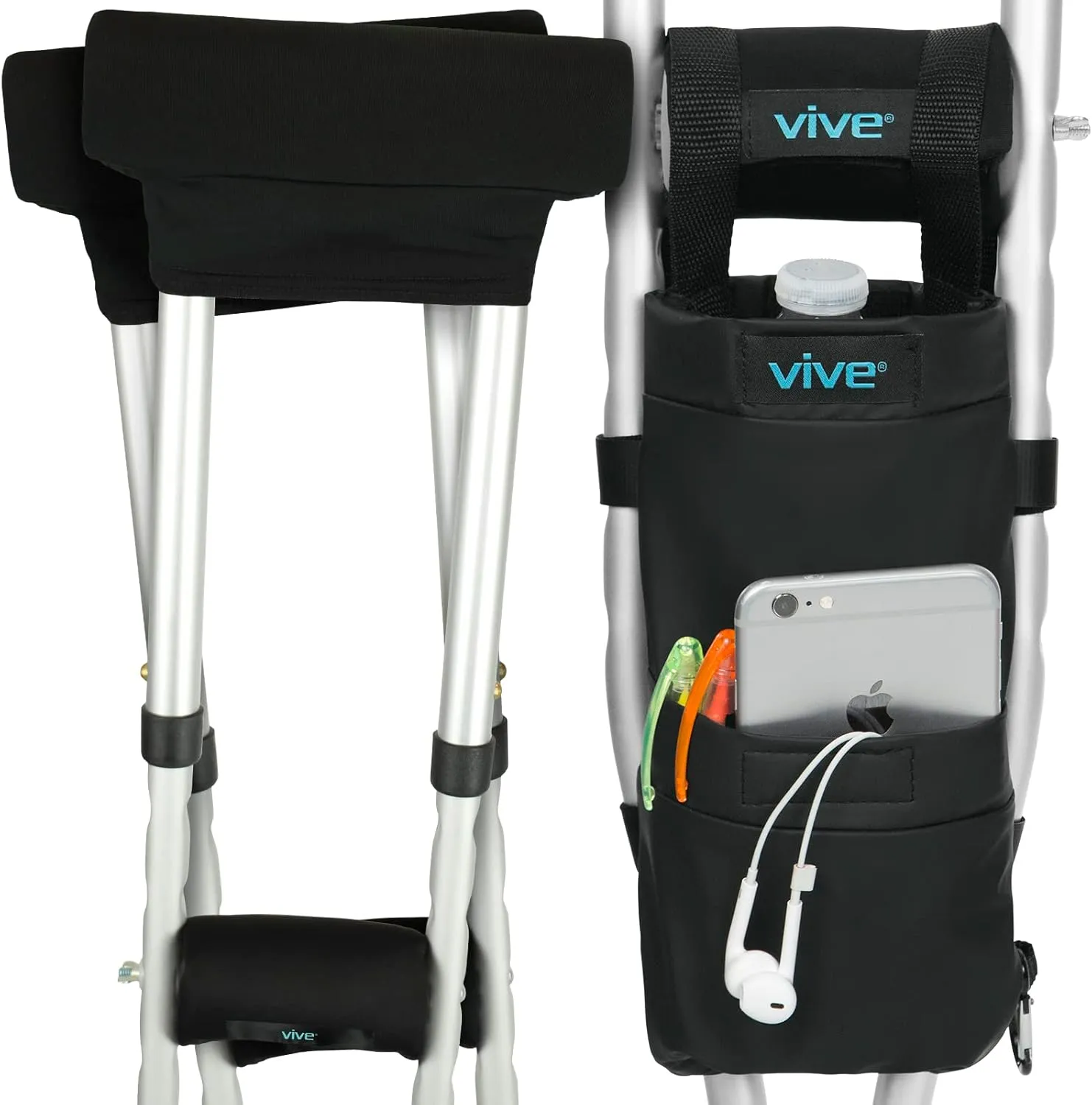 Vive Crutch Pads, Bag, & Hand Grips (5 PCS) - Crutches for Adults Armpit Padding, Hand Grips, Accessories Pouch - Soft Tips Medical Padded Handles, Accessories for Kids, Men, Women - Lightweight