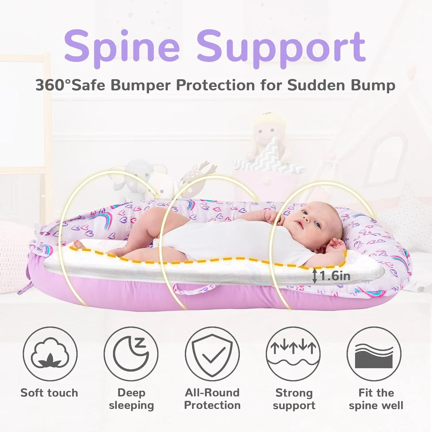 Viviland Baby Lounger for Newborn, Soft Breathable Snuggle Me Lounger Fits 0-24 Months Newborn Infant, Rainbow