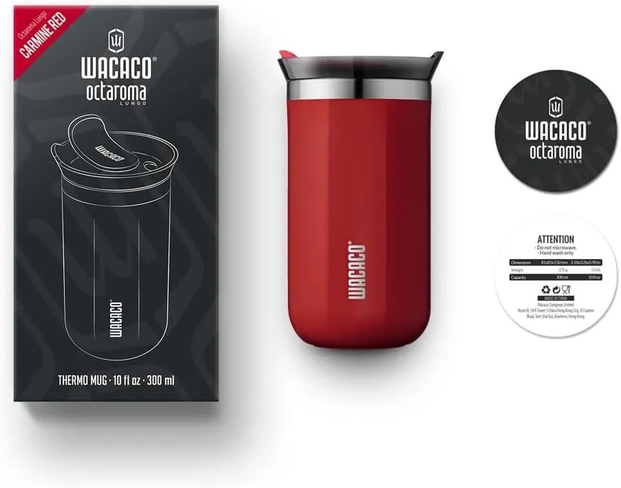 WACACO Octaroma Lungo Vacuum Insulated Coffee Mug, Double-wall Stainless Steel Travel Tumbler With Drinking Lid, 10 fl oz(300ml)， Carmine Red