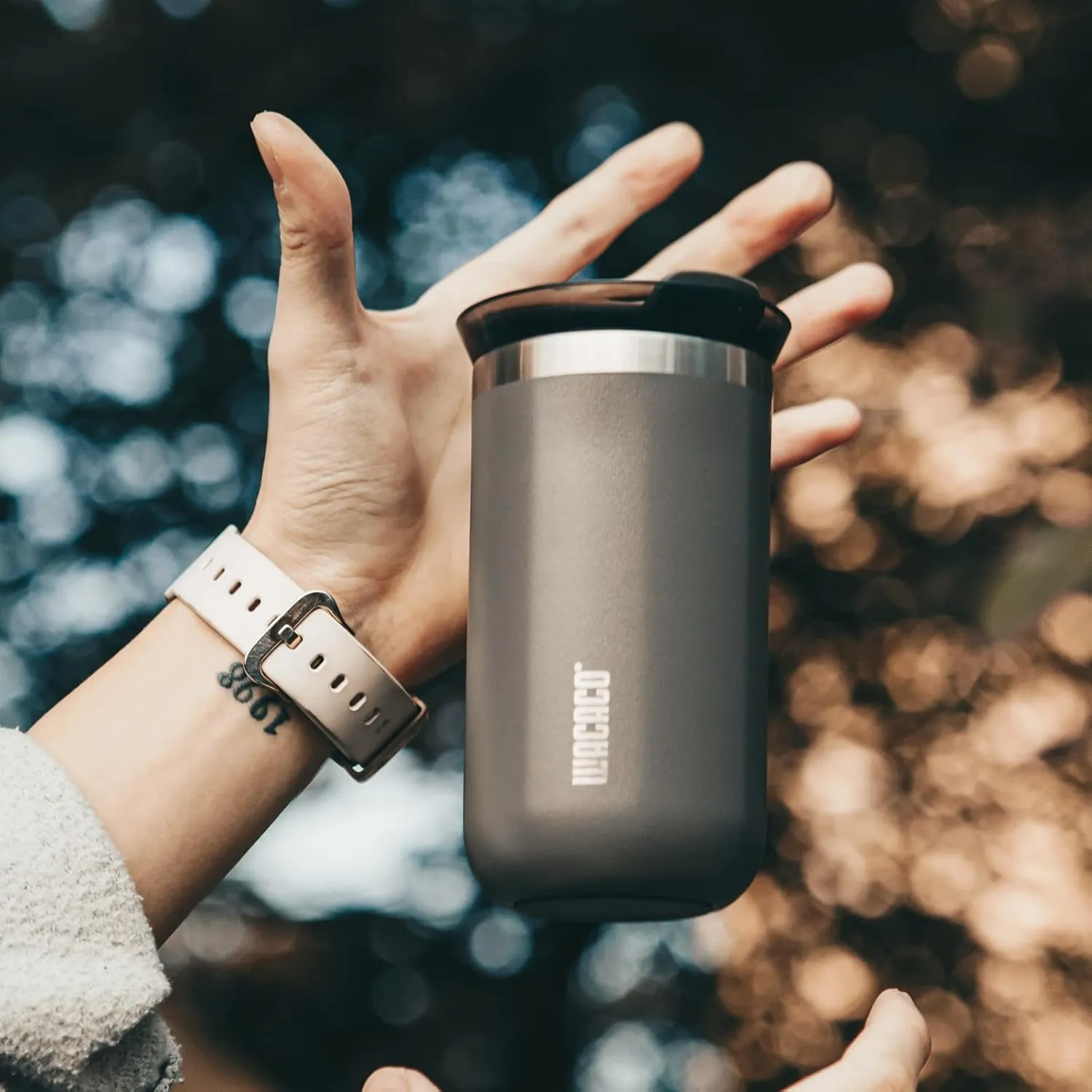 WACACO Octaroma Lungo Vacuum Insulated Coffee Mug, Double-wall Stainless Steel Travel Tumbler With Drinking Lid, 10 fl oz(300ml)， Dim Grey