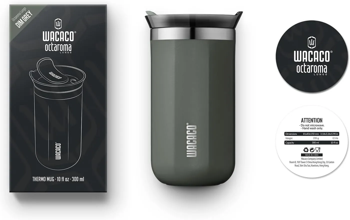 WACACO Octaroma Lungo Vacuum Insulated Coffee Mug, Double-wall Stainless Steel Travel Tumbler With Drinking Lid, 10 fl oz(300ml)， Dim Grey