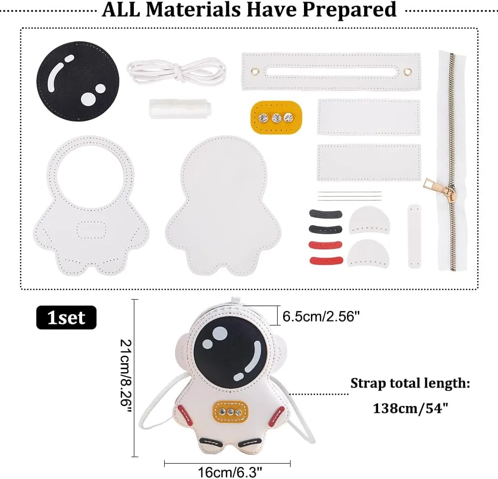 WADORN DIY Crossbody Bag Sewing Kit, PU Leather Astronaut Shaped Shoulder Bag Making Set Sewing Craft Kit for Backpack DIY Handmade Handbag Making Kits for Personalized Gifts, 9.8x6.2x2.3 Inch, White