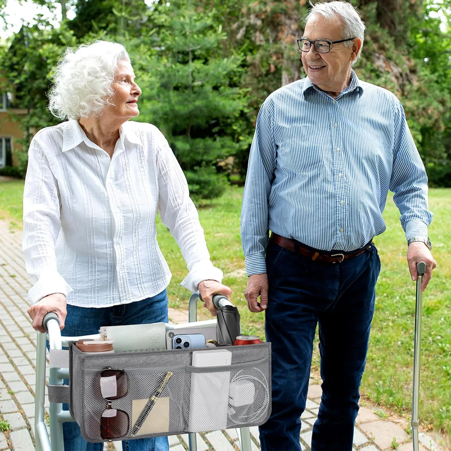 Walker Basket for Folding Walker with Cup Holder, Large Capacity Detachable Foldable Walker Storage Bag for Seniors with Never Tipping Over (Grey)