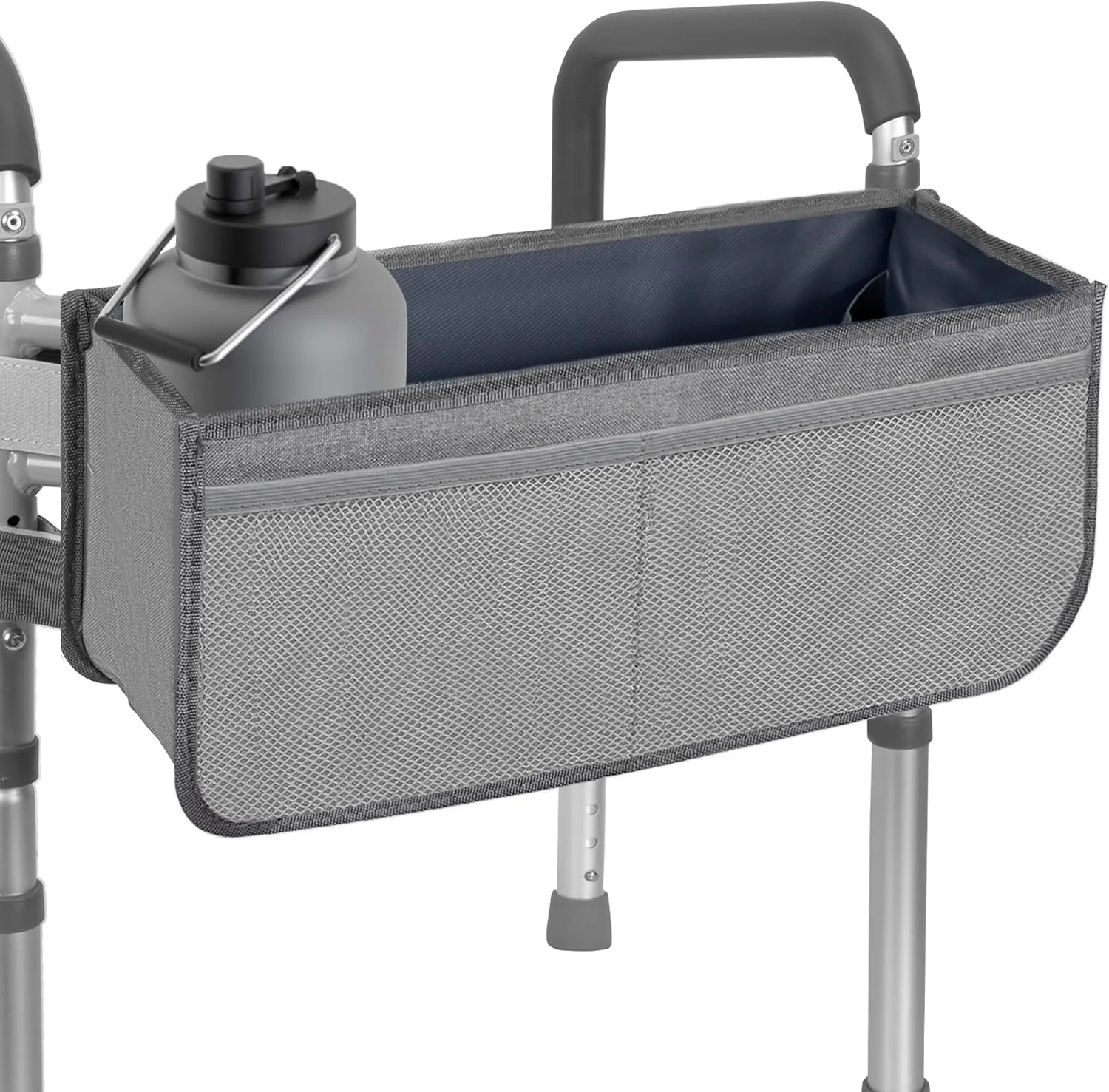 Walker Basket for Folding Walker with Cup Holder, Large Capacity Detachable Foldable Walker Storage Bag for Seniors with Never Tipping Over (Grey)