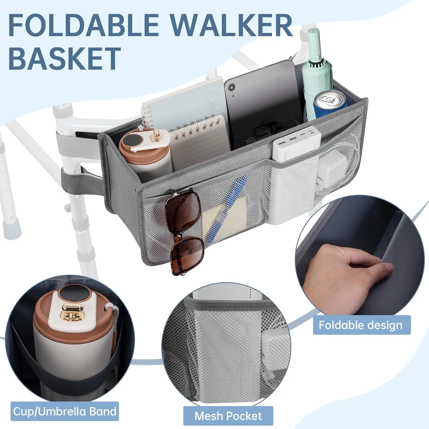 Walker Basket for Folding Walker with Cup Holder, Large Capacity Detachable Foldable Walker Storage Bag for Seniors with Never Tipping Over (Grey)