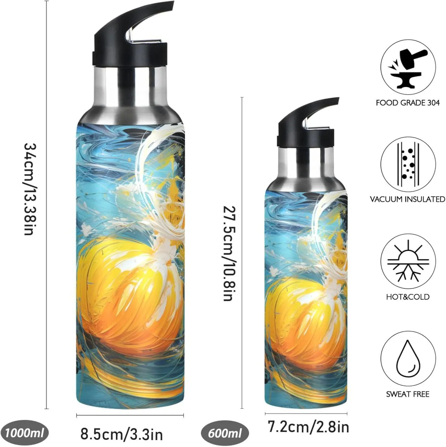 Watercolor Artwork Squash Sport Water Bottle Insulated Stainless Steel Large Vacuum Flask Leak Proof Thermos with Straw for Travel(600ml/1000ml)