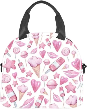 Watercolor hand painted cute set valentines day decoration Pink Insulated Adult Lunch Bag with Shoulder Strap for Women Lightweight Reusable Portable Freezable Lunch Tote Bag for Work Picnic
