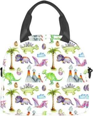 Watercolor prehistoric dinosaurs among volcanoes and palm trees Insulated Adult Lunch Bag with Shoulder Strap for Women Lightweight Reusable Portable Freezable Lunch Tote Bag for Work Picnic
