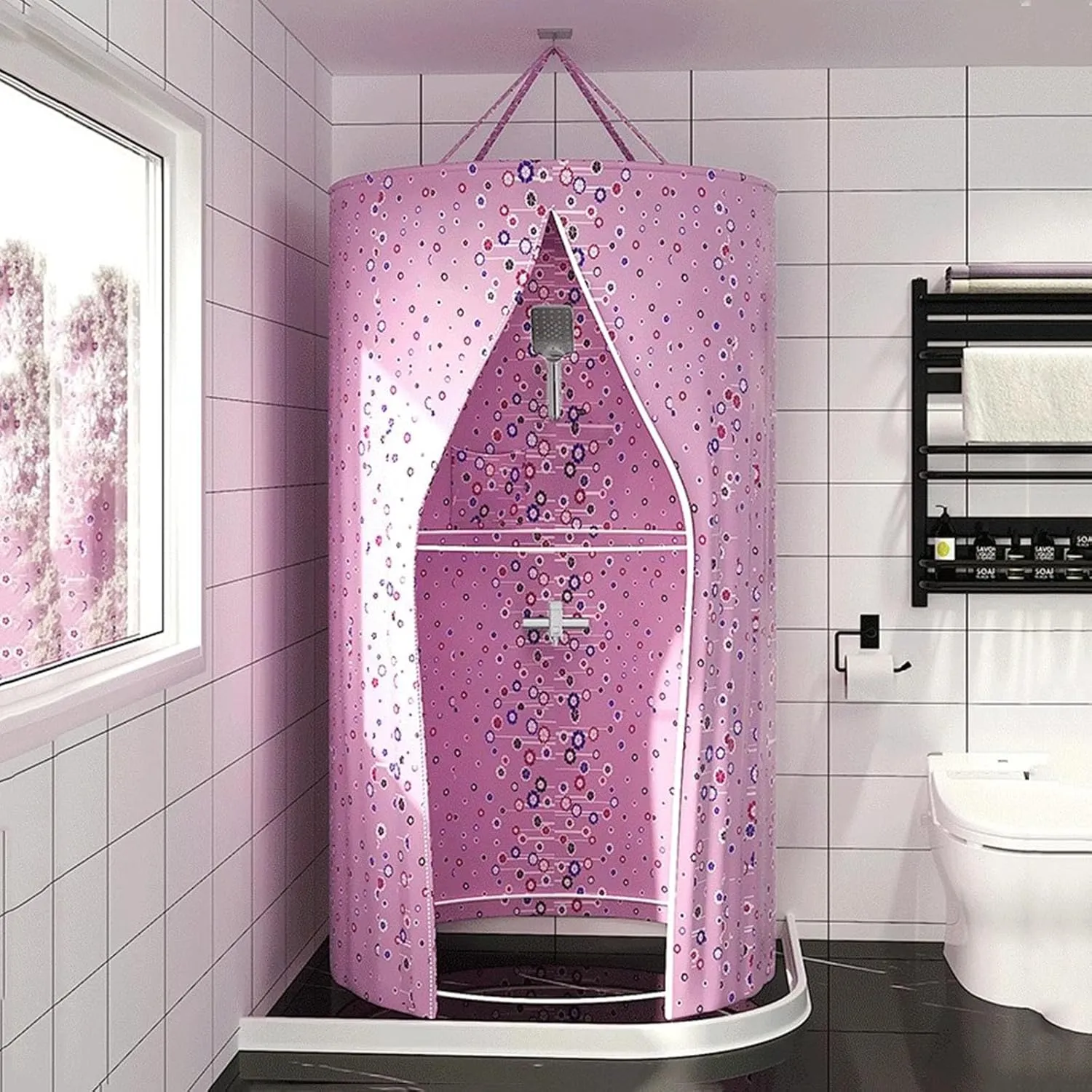 Waterproof Bathroom Shower Curtain Weighted Hem Round Polyester Portable Shower Curtains Hanging Heat Insulation Double Zipper(Size:80x200cm/31.5x78.7in,Color:A)