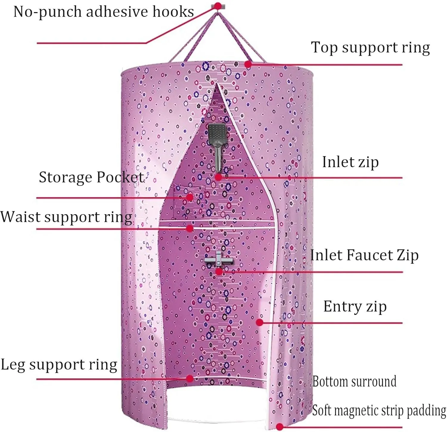 Waterproof Bathroom Shower Curtain Weighted Hem Round Polyester Portable Shower Curtains Hanging Heat Insulation Double Zipper(Size:80x200cm/31.5x78.7in,Color:A)