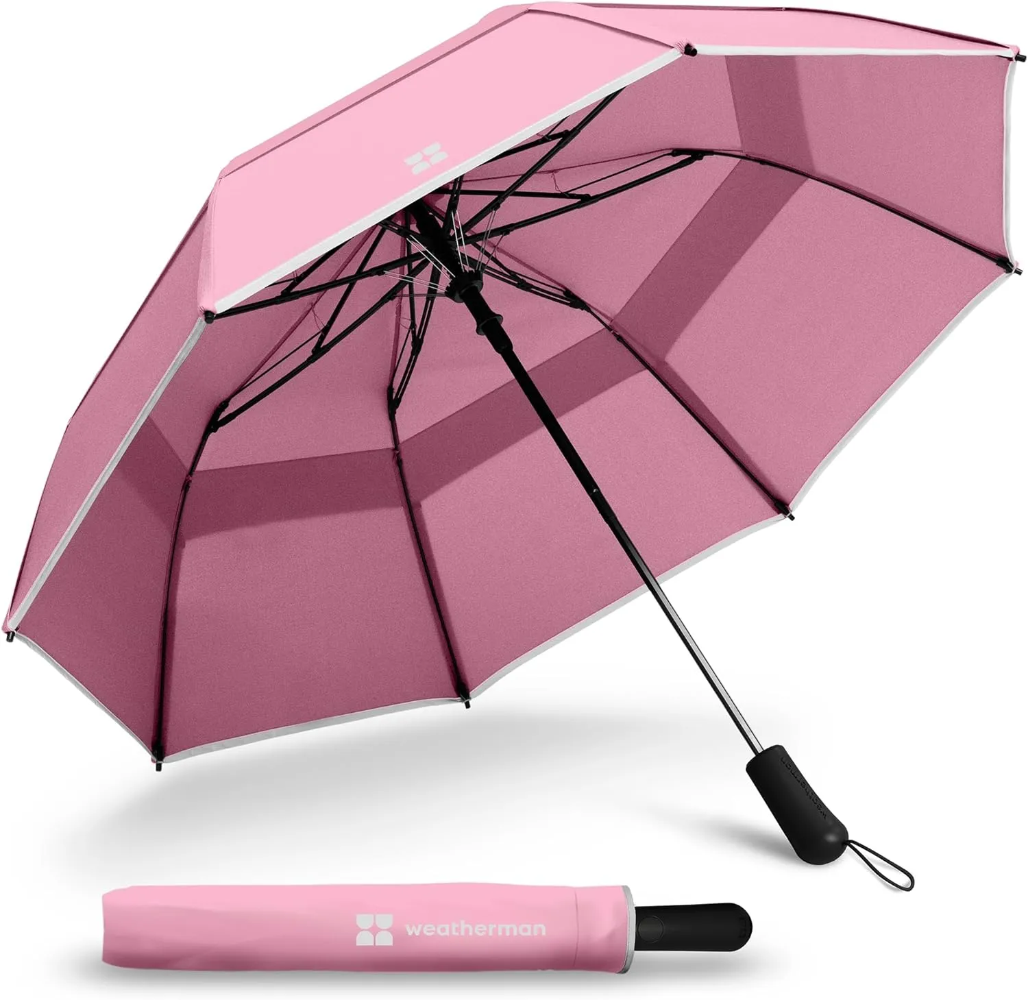 Weatherman Arnold Palmer Compact Collapsible Umbrella - Windproof Protection From Wind, Rain & Sun - Resists Up to 55 MPH Winds - For Car and Backpack (Blush)