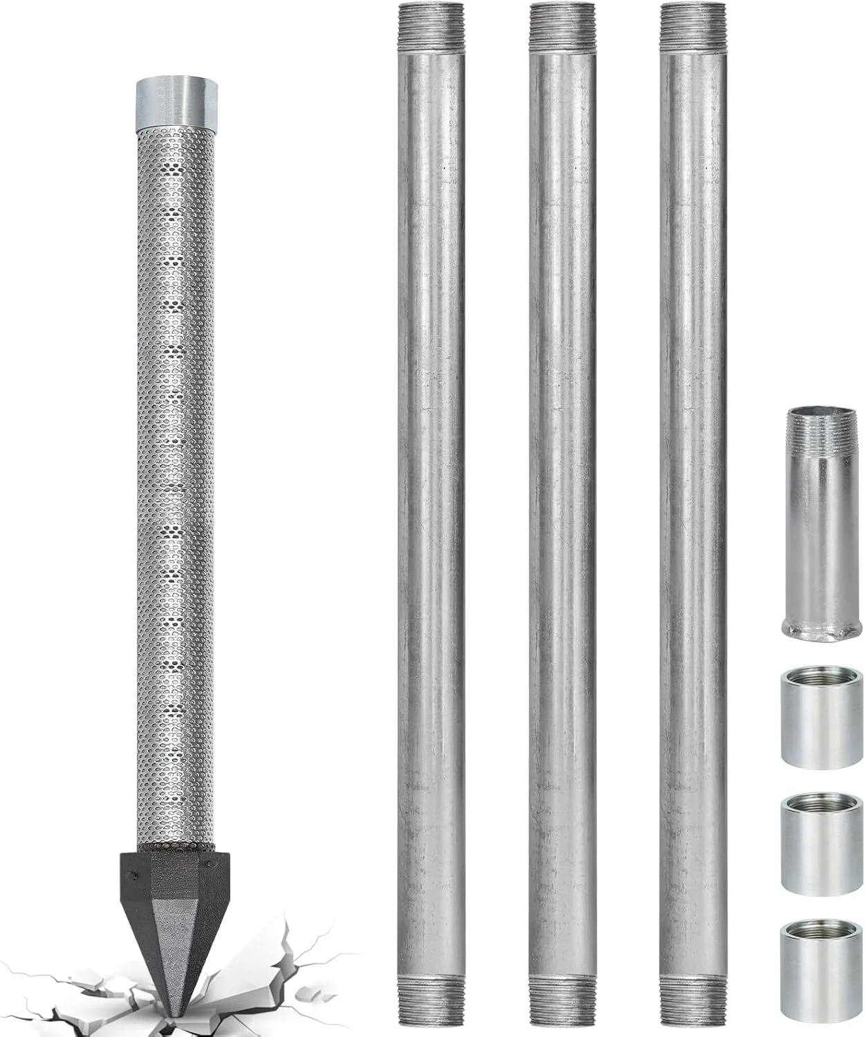 Well Drive Point Kit,1-1/4 Stainless Steel Well Point 3Pk 39” 1-1/4 Galvanized Drive Point Well Pipes,Heavy Duty Shallow Well Drilling Kit for Drive Sand Point Well&Soft Soil Well,36” Point 60 Gauze