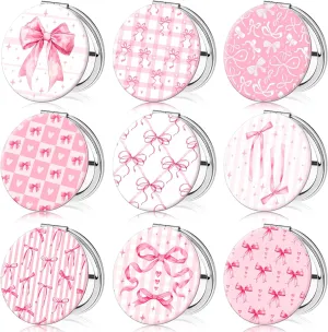 Weysat 9 Pcs Coquette Pink Bow Compact Mirrors Bulk Double Sided Magnifying PU Leather Portable Round Pocket Makeup Mirrors Women Girls Mother Gift