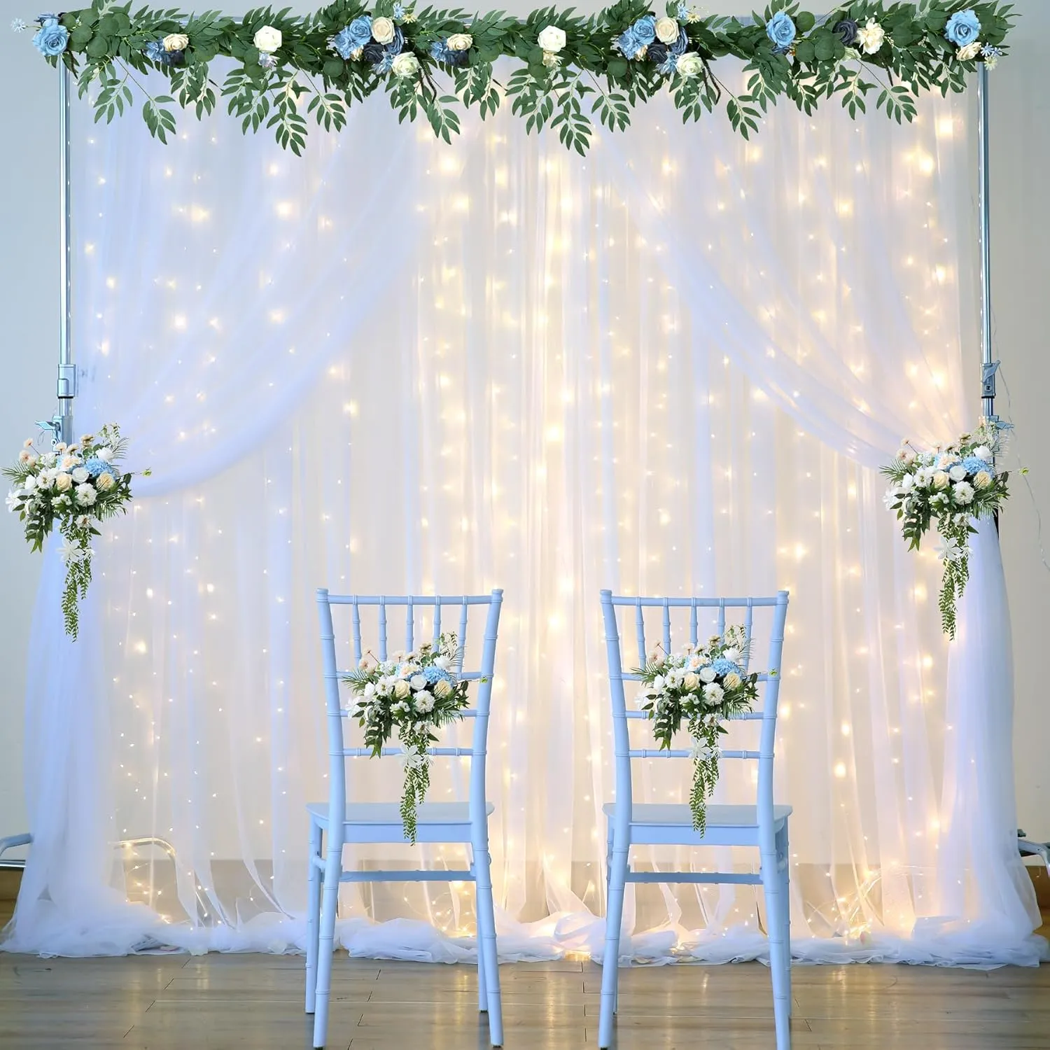 White Tulle Backdrop Curtain with Lights String for Parites 10×8ft Sheer Backdrop Curtains White Curtain Backdrop for Wedding Baby Shower Birthday Party Photo Shoot Decorations(2 Panels 10ft×8ft)