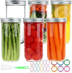 Wide Mouth Mason Jars 24 oz, 6 Pack 720ml Glass Canning Jars with Airtight Lids, Large Storage Jars with Labels Brush, Clear Mason Jars for Canning, Fermenting, Pickling, DIY Projects