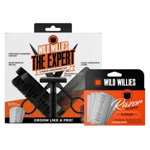 Wild Willies Expert Beard Grooming Kit, 5-Piece Gift Set - Includes Beard Comb, Boar Bristle Beard Brush, Safety Razor, 5 Double Edge Razor Blades & Grooming Shears - Beard Kit for Daily Use for Men