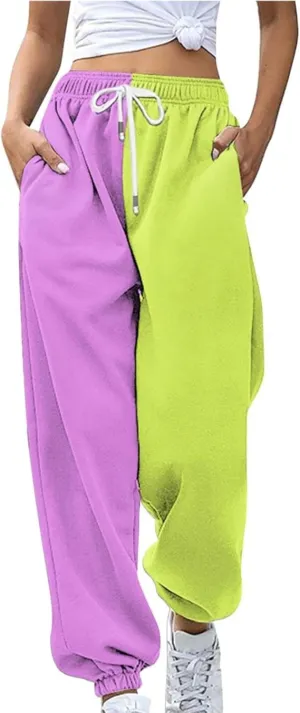 Womens Casual Joggers with Pockets Loose Fit Drawstring Waist Active Gym Sweatpants Teen Girls Fashion Two Tone Lounge Slacks