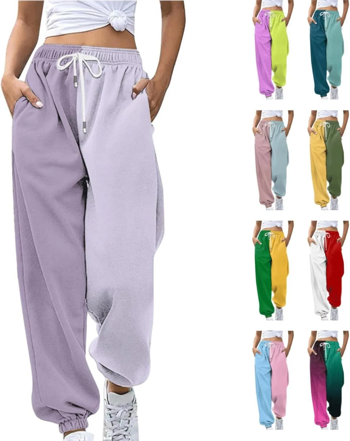 Womens Casual Joggers with Pockets Loose Fit Drawstring Waist Active Gym Sweatpants Teen Girls Fashion Two Tone Lounge Slacks