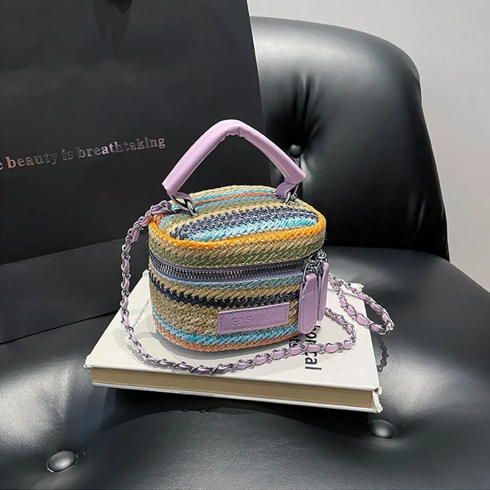Women's Colorful Straw Crossbody Bag with Chain Strap Stylish Versatile Handbags