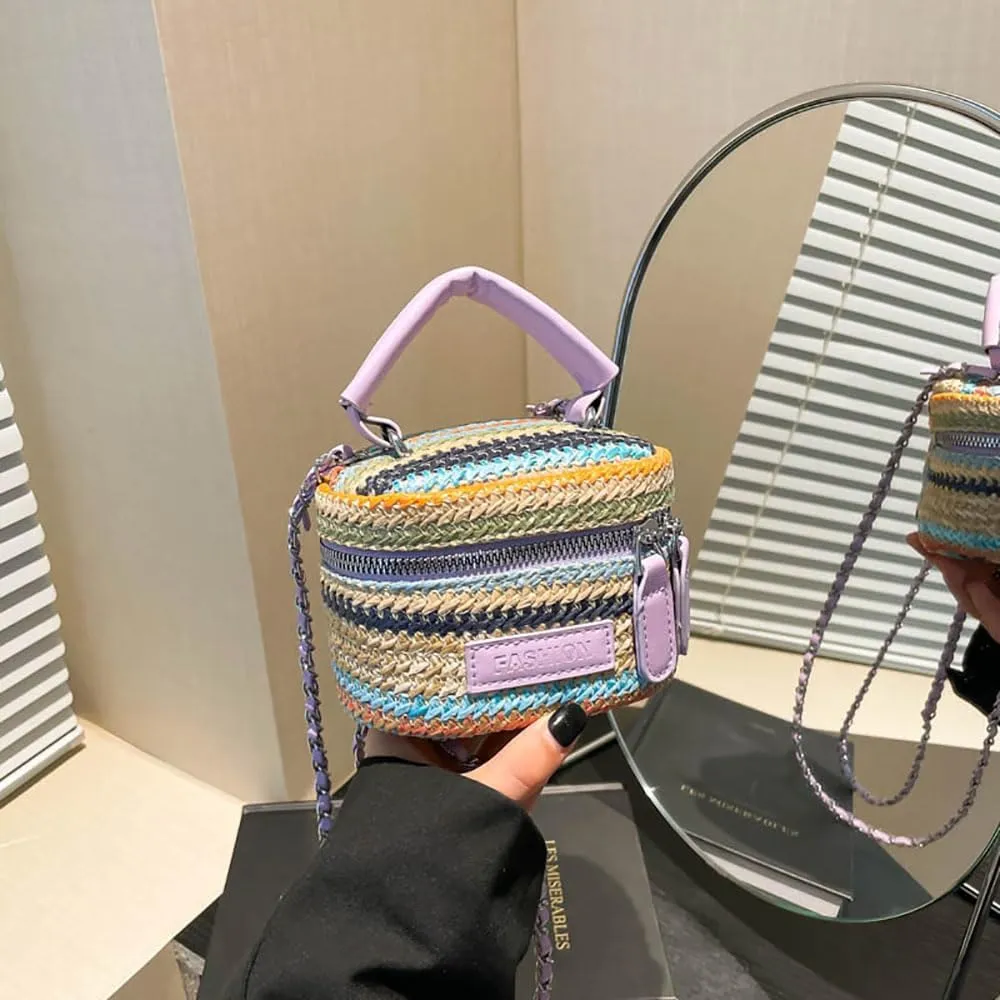 Women's Colorful Straw Crossbody Bag with Chain Strap Stylish Versatile Handbags